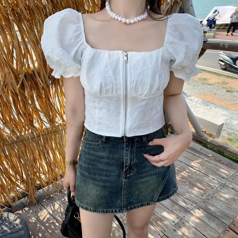 

Summer Square Collar Jacquard Short-sleeved Shirt Women Pleated Sweet Short Causal Top Women Shirts Female Clothes