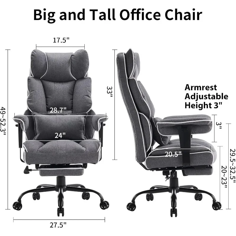 Fabric Office Chair, Big and Tall Office Chair 400 lb Weight Capacity, Ergonomic Office Chair for Back Pain Relief, Gray