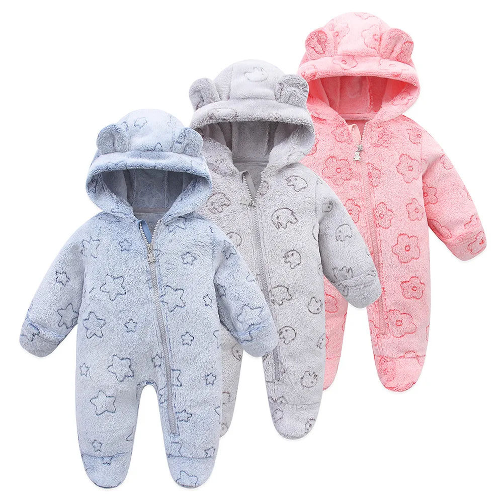 

UNIFEMEN 2024 Autumn Winter Newborn Overalls Flannel Hooded Star Printed Baby Girl Rompers 0-1 Years Toddler Boy Jumpsuit Outfit