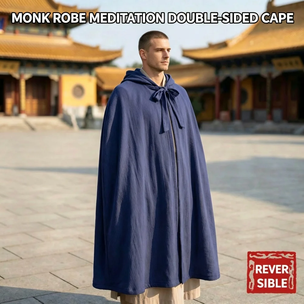 USHINE Winter Thick Reversible Meditation Cloak Hooded Tie Closure Monk Robe Double Sided Cape Unisex Zen Buddhist Long Cloak