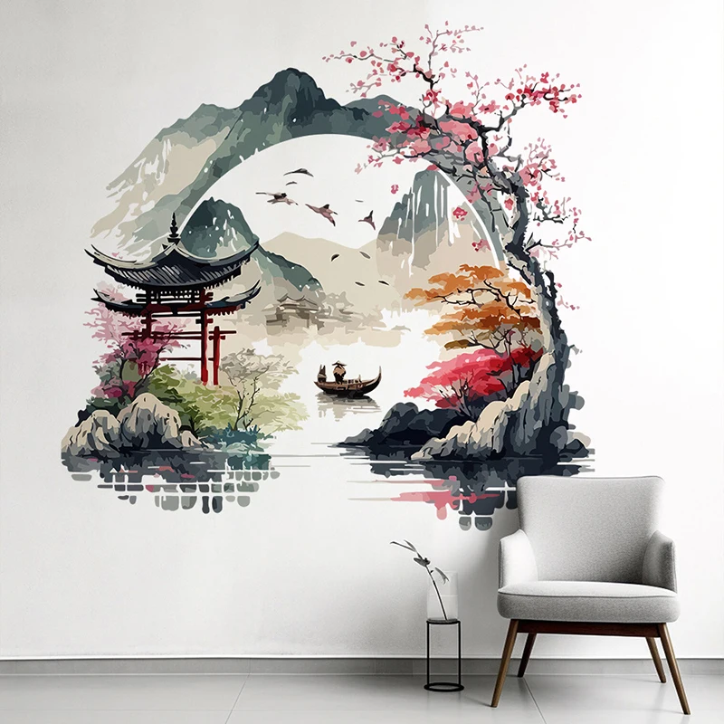 Landscape Painting Birds Mountain River Wall Sticker Background Home Bedroom Wall Kitchen Refrigerator Home Decoration Decals