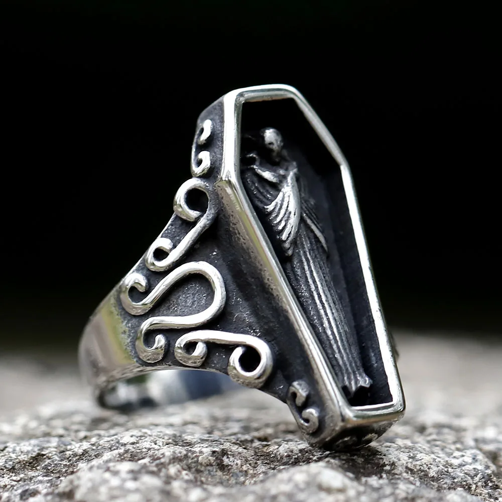 

2023 Men's 316L stainless steel ring New Creative Designs Double Skull Coffin Ring For Men Gothic Punk Jewelry free shipping