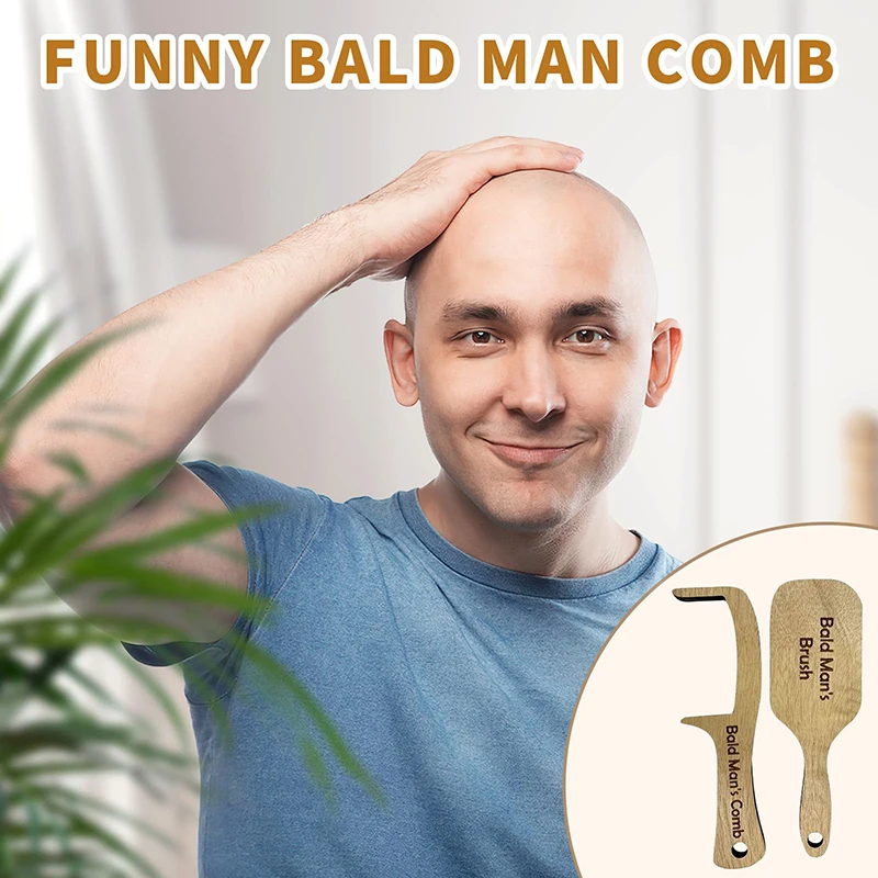 2PCS Gag Hairloss Joke Gift For Bald Man Funny Wooden Hairless Combing Brush And Toothless Comb For Men Hair Loss Christmas Gift