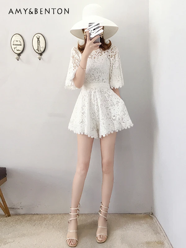 Commute Style Elegant Fashion White Lace Jumpsuit Women 2024 Summer New High-Grade Graceful High Waist Slim Wide-Leg Pants