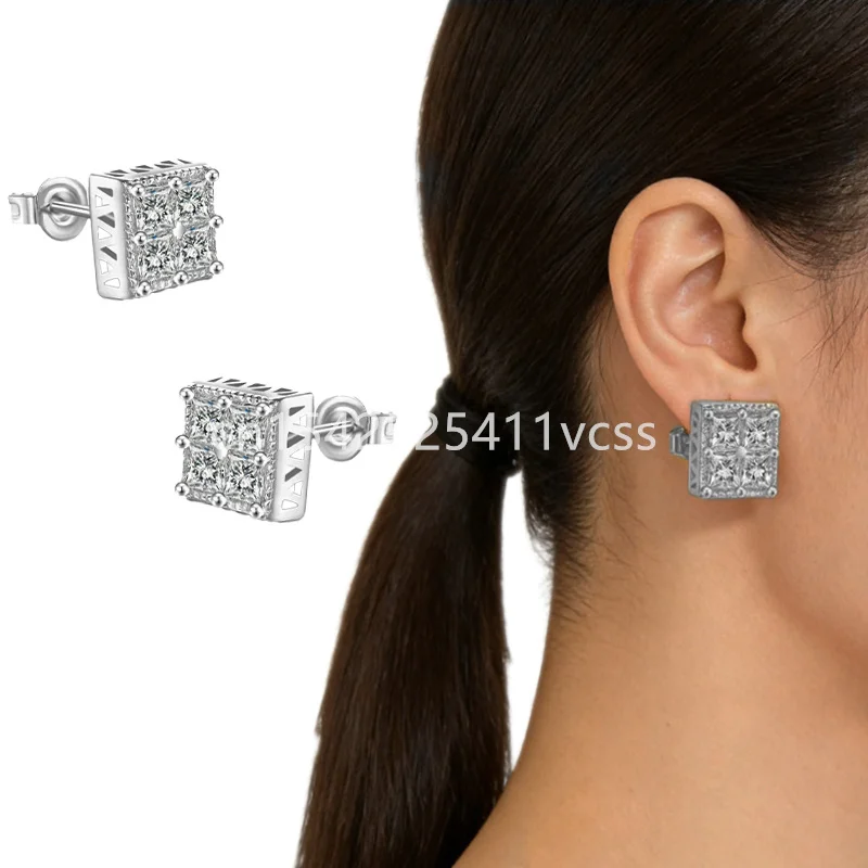 Square Cubic Zirconia Stud Earrings for Women and Men Noble Weddings Parties Jewelry Gift Hip - Hop Fans Accessories