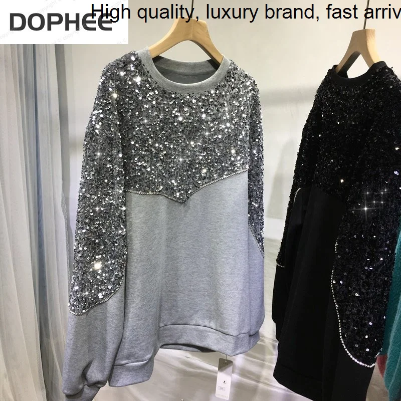 

Sequins Handmade Beading Long Sleeve Hoodies Top Autumn Winter Women Clothes Colorblock O-neck Loose Casual Street Sweatshirt