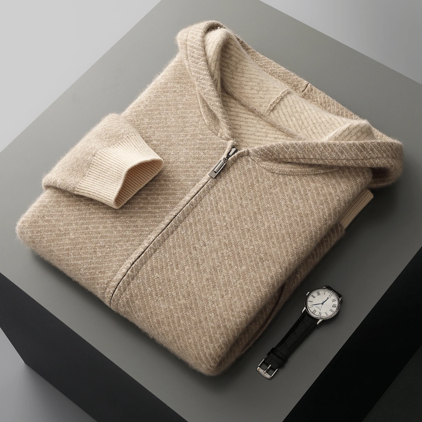 Autumn Winter New Men's Pure Wool Hooded Cardigan Jacquard Loose Casual Business Suit Zipper Solid Pattern Cashmere Knit Sweater