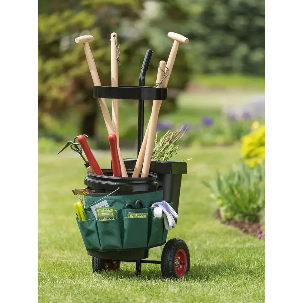Sturdy Mobile Garden Tool Cart with 5-Gallon Bucket and Fabric Organizer for Multiple Tools