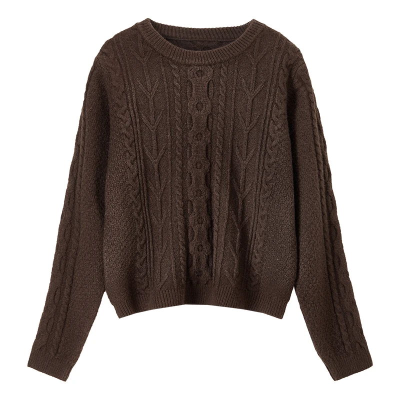 SENTUBILA Round Neck Knitted Pullovers for Women 2025 Basics Loose Fit Thick Warm coffee colour Women office Sweater W44E57306