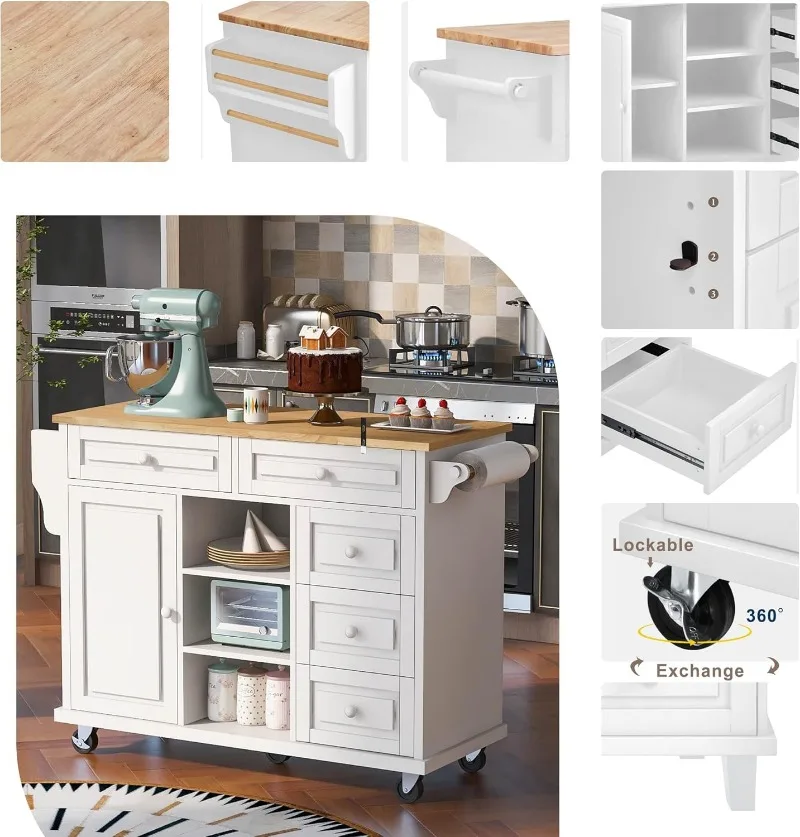 Rolling Kitchen Cart with Rubber Wood Desktop Mobile Kitchen Island with Storage and 5 Drawers for Dining Room Kitchens Living R