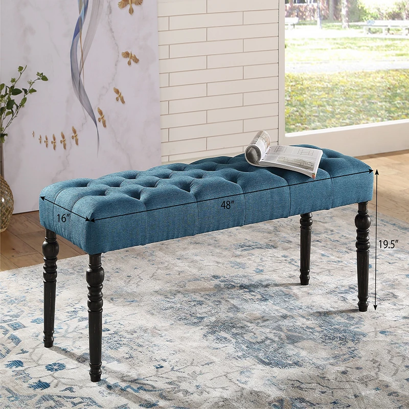 RV Leviton Fabric Tufted Turned Leg Dining Bench Silver Wooden Base Comfort Seat Kitchen Dining with Nailhead Trim, Blue On-Site