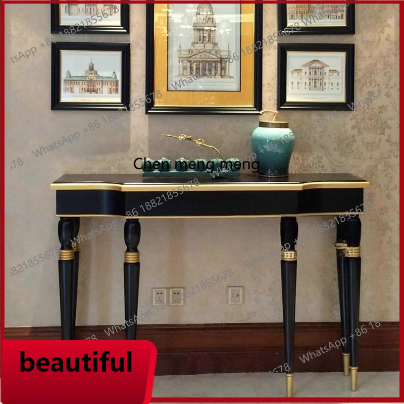 X Light luxury entrance table, ultra-narrow solid wood against the wall, semi-round table, entrance table black gold-painted
