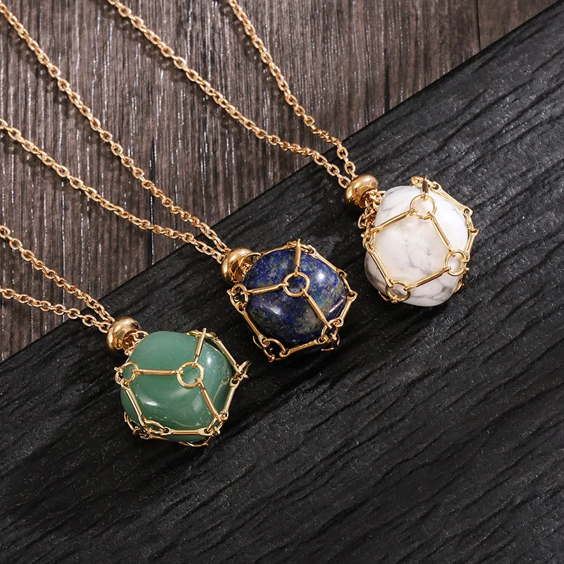 

10pcs Irregular Natural Stone Wrapped in Bamboo Link Macrame Net Pendant Adjustable Gold Color Chain Necklace for Women