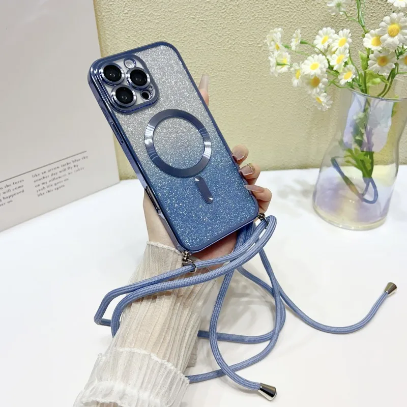 Magnetische Schutzhülle mit Trageriemen für Samsung S25 Ultra Galaxy S24 FE S21 S26 S22 S23 Plus A56 Kabellose Glitzer-Beschichtung Crossbody Lanyard Cover – Detail 15