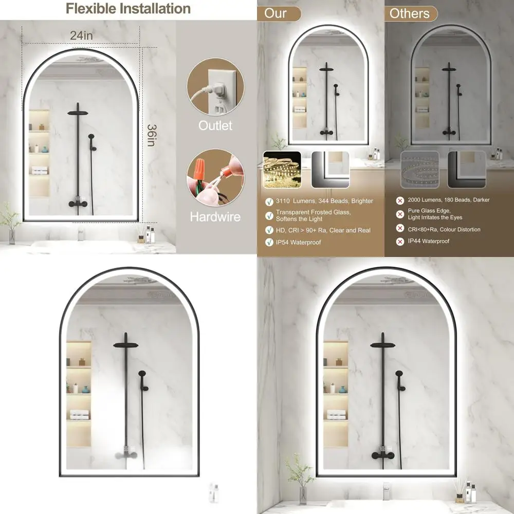 

36 Arched Black LED Mirror with Front & Back Lighting, Step-Dimmable, 3-Color Temperature Vanity Mirror