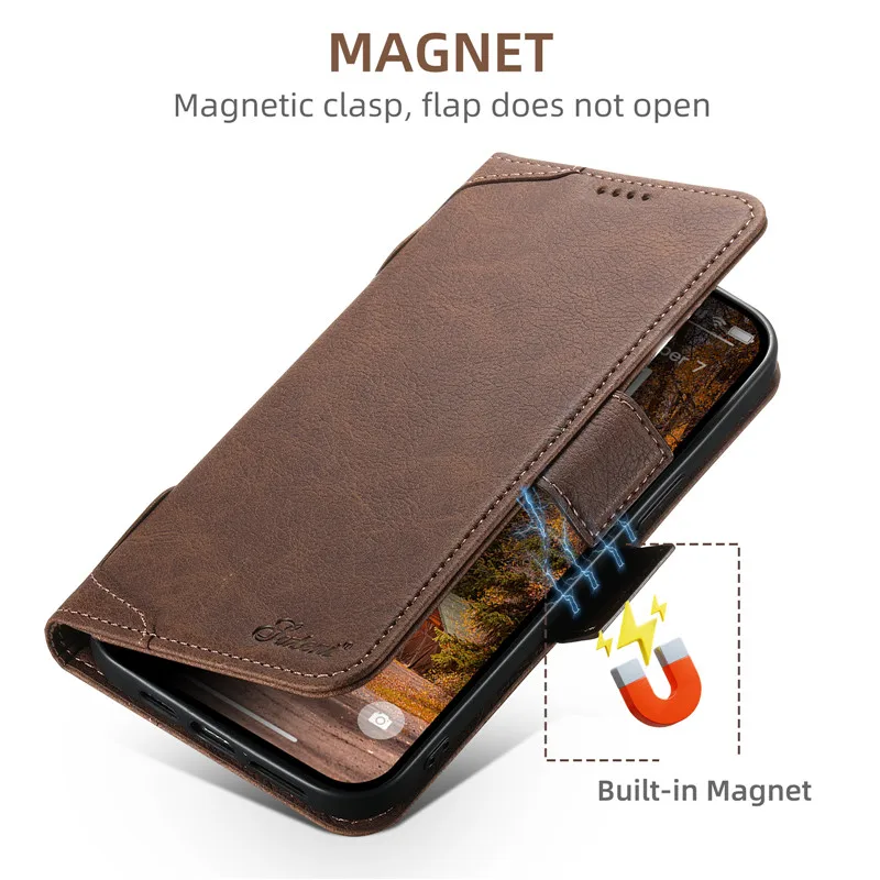 EUCAGR Magsafe Business Leather Wallet Phone Case For iPhone 12 13 14 15 Pro Max Plus 15Plus 16Pro With Flip Card Holder Cover