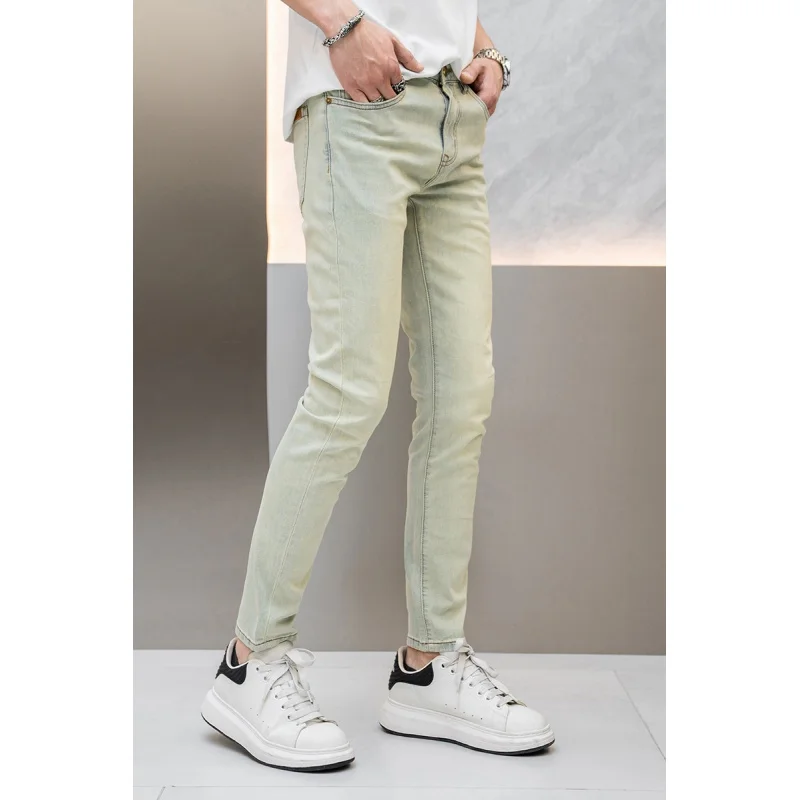 Jeans retrò gialli Color fango da uomo primavera/estate sottile elasticizzato Slim Fit Skinny e tutto abbinato lusso leggero nostalgico lungo