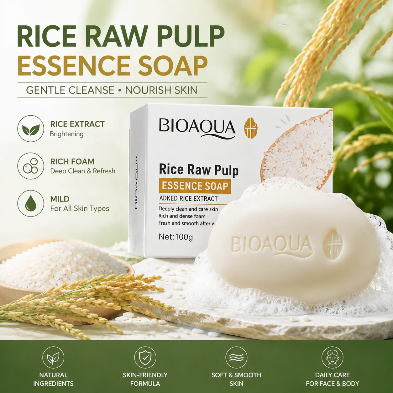 1/2/3pcs BIOAQUA Rice Raw Pulp Essence Soap, Rice Extract Gentle Cleansing Bar, Moisturizing Nourishing Soap for Face & Body