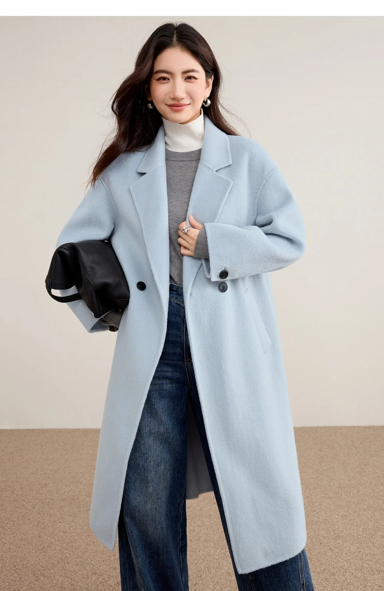 SENTUBILA Damen 100% Wolle Doppelseitiger Mantel Winter 2026 Anzug Reverskragen Klassischer Pendlerstil Langer Übermantel W54OA8779 – Detail 32