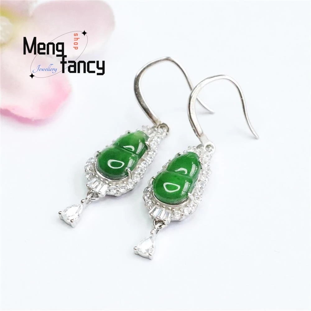 

S925 Silver Lnlaid Natural Jadeite Ice Green Gourd Ear Hook Exquisite Elegant Simple High-grade Luxury Quality Fashion Jewelry