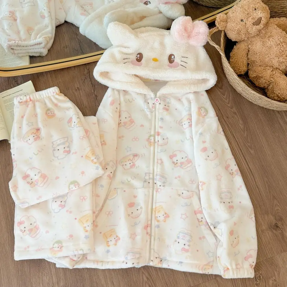 Kawaii Hooded Homewear Rilakkuma Winter Coral Fleece Cartoon Women Plush Warm Pajamas Suit Cute Girls Thickened Tops Pants