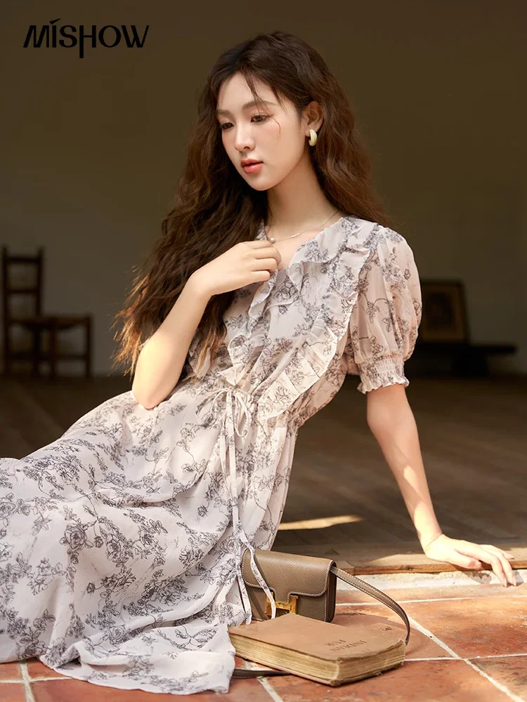 MISHOW V-neck Puff Sleeve Floral Dress for Women Summer Retro Waist Drawstring A-LINE Long Tea Break Dresses MXC37L1513