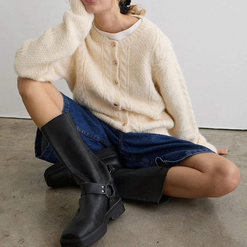 Combhasaki Women Knitted Cardigan Long Sleeve Ribbed Crew Neck Button Down Sweater Jacket Y2k Loose Fit Knitwear Coat Streetwear