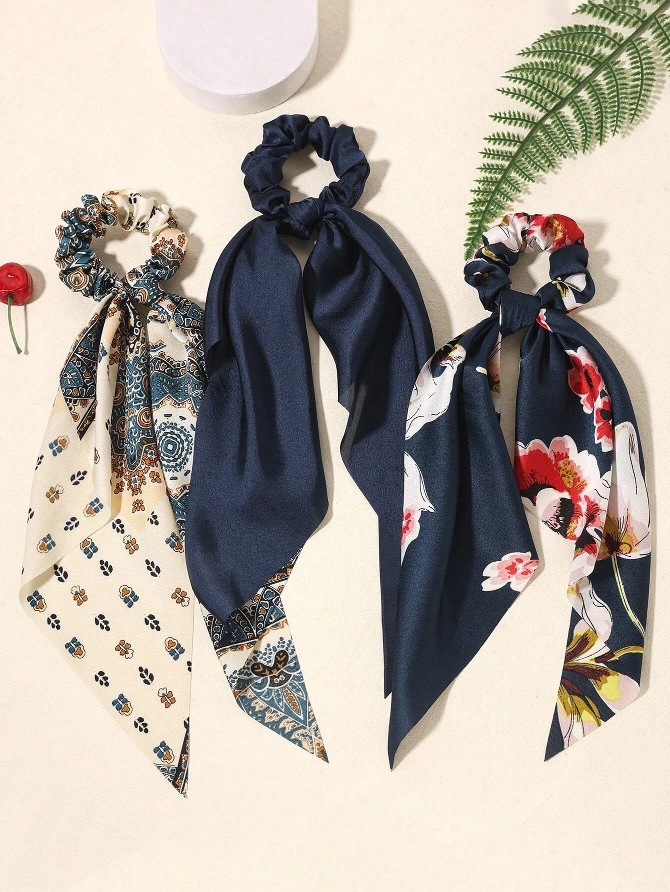 

3Pcs New Style Satin Solid Colored Art Print Triangular Bandana, Long Hair Scarf Accessories Ponytail Holders Hair Ties