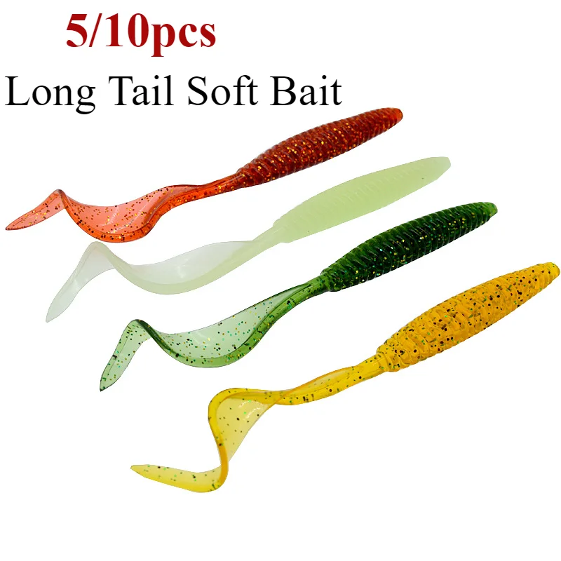 5/10pcs Long Tail Fishing Soft Lures 18cm Silicone Screw Thread Sickle Tails Bait Artificial Bionics High Elastic Worm Swimbait