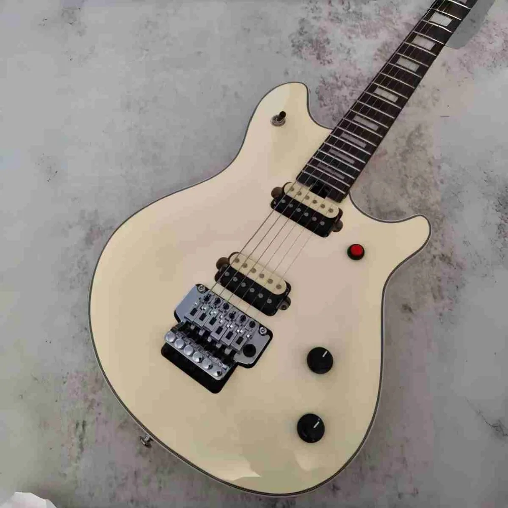 White Electric Guitar, Block Inlays, Red Button Switch, Tremolo Bridge, Black and White Pickups, Locking Nut, Black Hardware