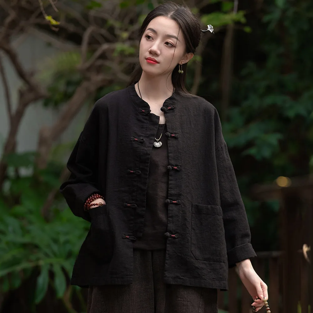 Bamboo Cotton Linen Women's Retro Disc Button Comfortable Jacket Short Coat Long Sleeve Chinese Style Loose Tang Suit Blouse