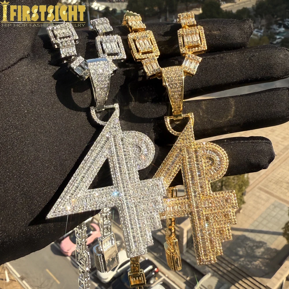 New Iced Out Bling 4PF Pendant Necklace CZ Cubic Zirconia Silver Color Letter Charm Men Fashion Hip Hop Jewelry