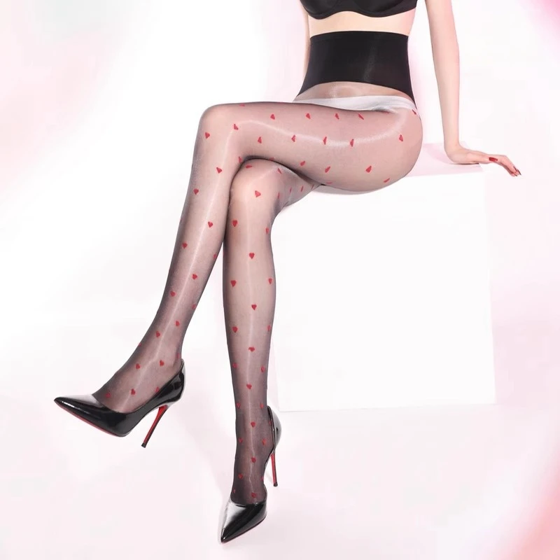 360 Seamless Crotch Stretchy Foot Shaped Pantyhose Oil Shiny Heart Dot Print Stockings Women Sexy Ultrathin Transparent Tights