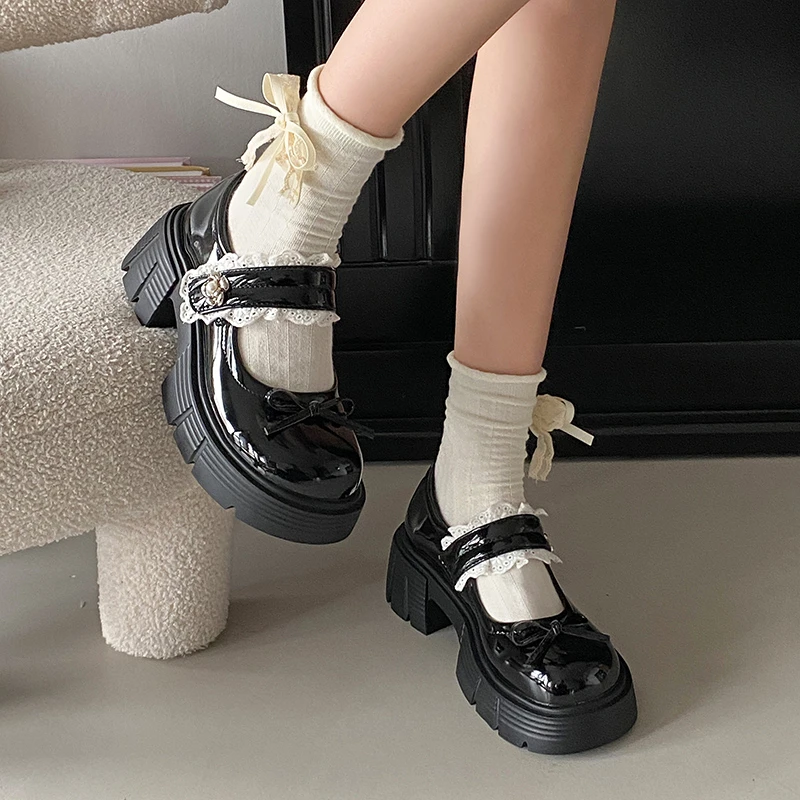 Женская обувь 2024, женские туфли на высоком каблуке на массивном каблуке, новые туфли-лодочки с круглым носком, женская модная обувь Мэри Джейн с бантом, женская обувь на платформе и каблуке