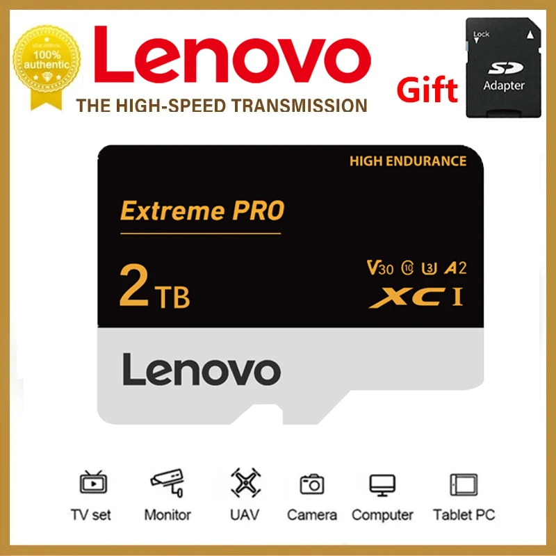 Lenovo Original 2TB V30 Memory Card High Speed SD/TF Flash Card With Free SD Adapter For Mobile Phone Computer Camera Nintendo