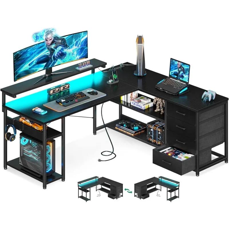 

53" L Shaped Desk with Drawer, Computer Desk with Power Outlets & LED Lights, Reversible Corner Gaming Desk for Home Office