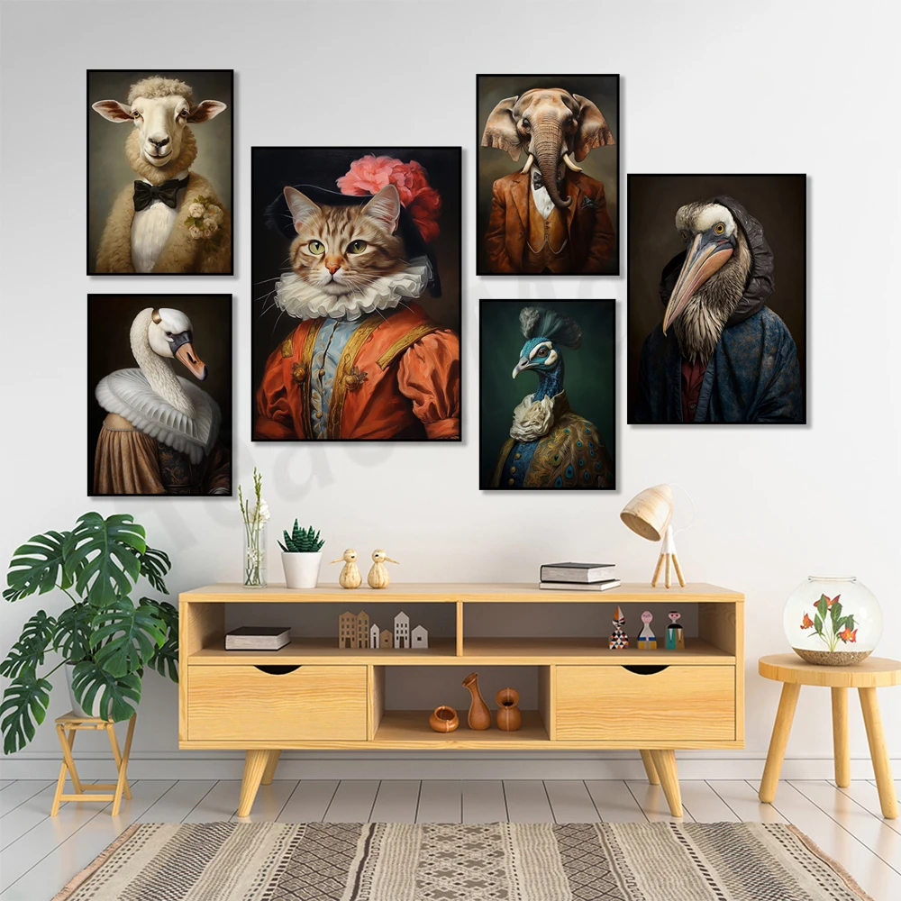 Elegant sheep, fox, elephant, swan, pelican, victorian peacock portrait poster, renaissance cat poster, animal head body art,