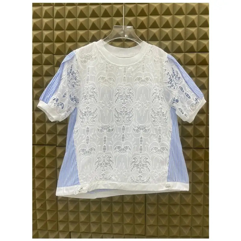Lace Embroidered Patchwork Loose Fit Short Sleeve Women's Shirt round Neck Drawstring Hem Casual Style Breathable Summer New ...