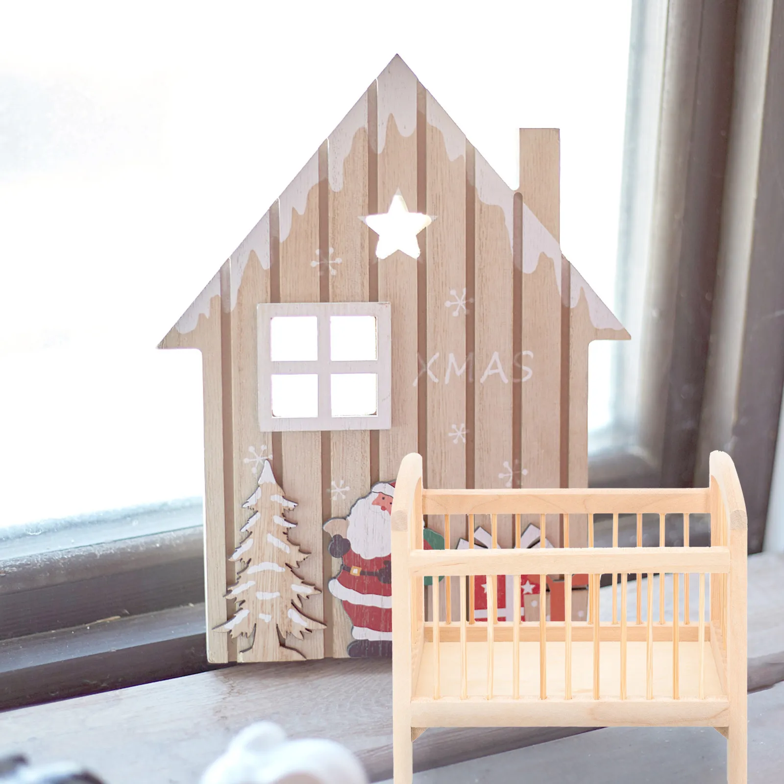 

Miniature Wooden Small Crib Baby Crib Bedroom Decor Miniature Accessory Ornament for Kids Play Tabletop Decor Micro Landscaping