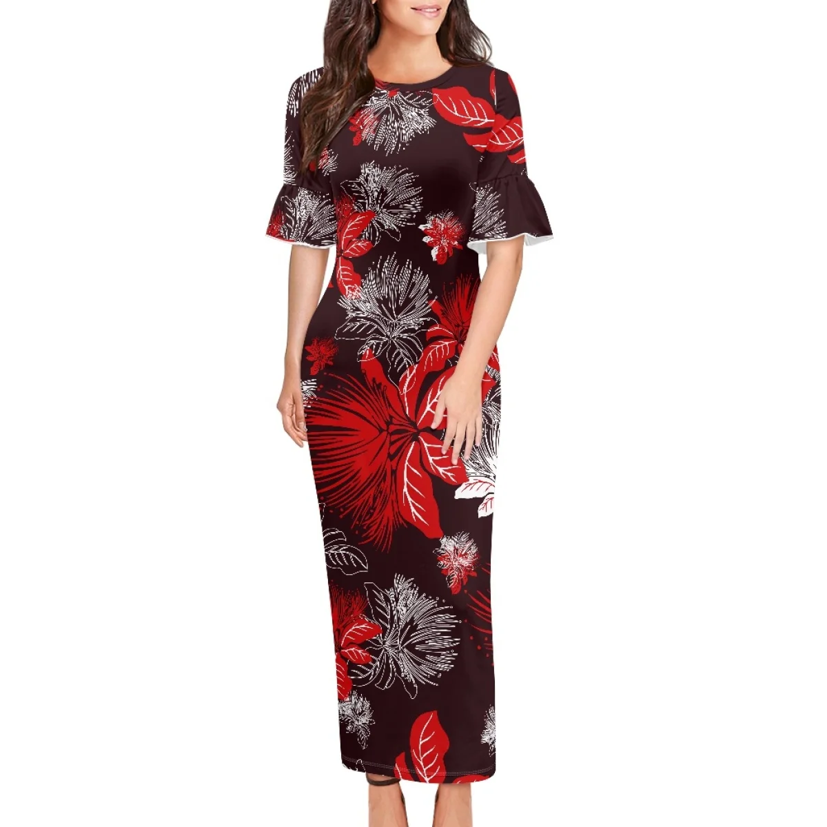 Summer Elegant Evening Party Dresses Polynesian Tribal Clothing Samoa Hawaii Lehua Print Islander Women Bodycon Petals Sleeves