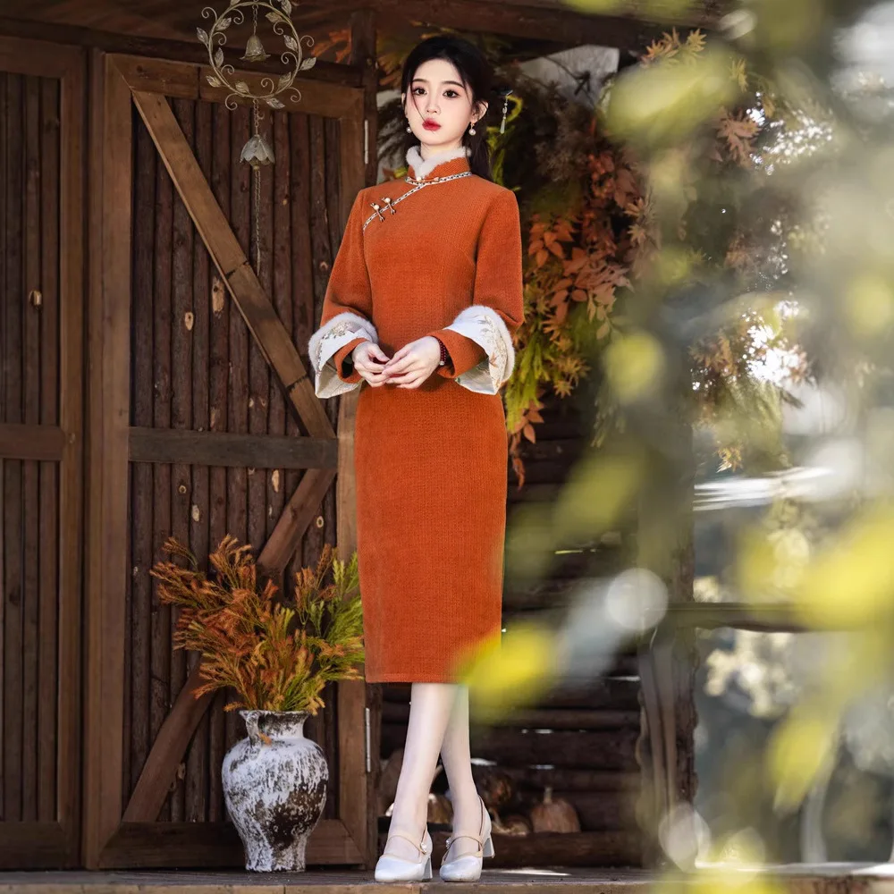 

Yourqipao Chenille Inverted Large Sleeve Cheongsam 2025 Winter New Chinese Velvet and Thickened Qipao Evening Dress