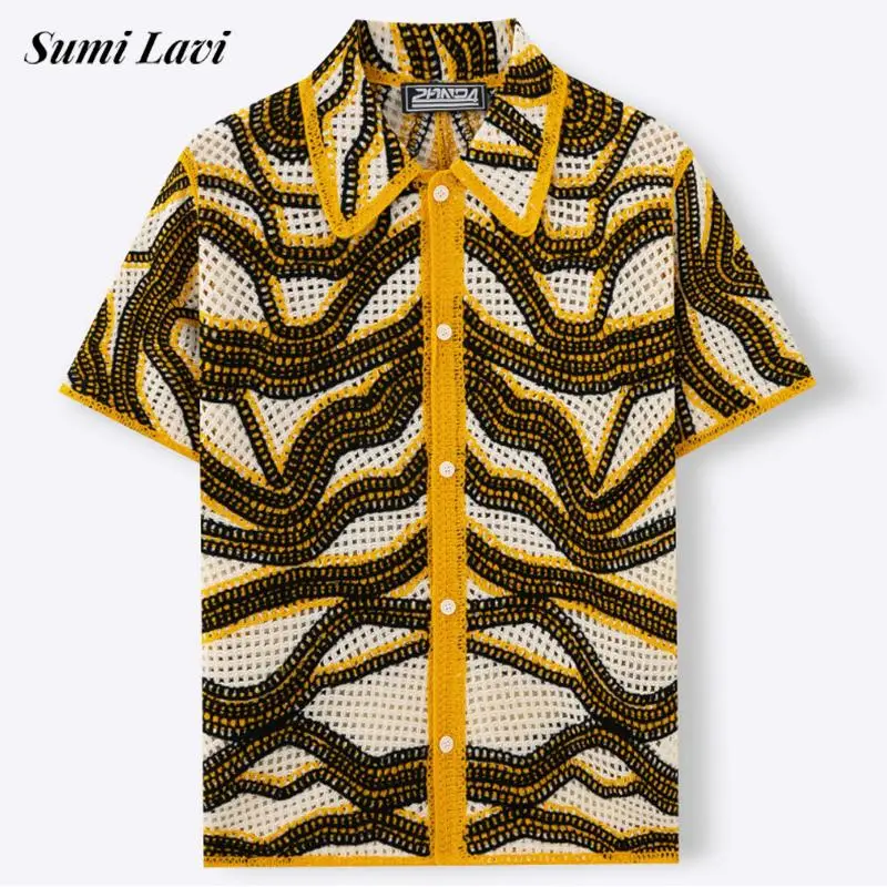 

2025 Summer New Casual Men's Embroidery Shirt Stylish Striped Crochet Hollow Out Shirts Men Knitting Short Sleeve Cardigan Tops