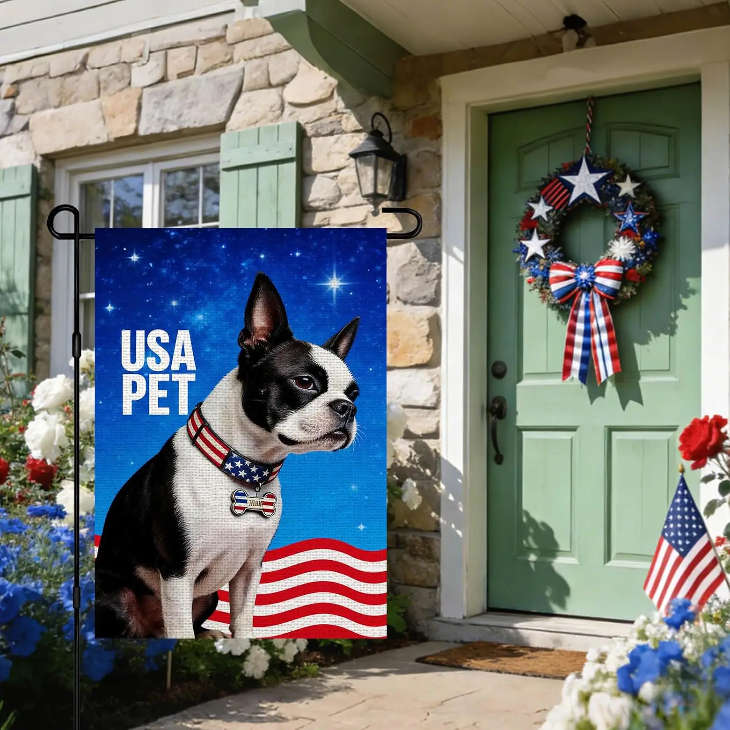 IVN 4th of July Boston Terrier USA PET Patriotic Collar Garden Flag 12x18 Vertical Double Sided Memorial Day Independence Da ZZM