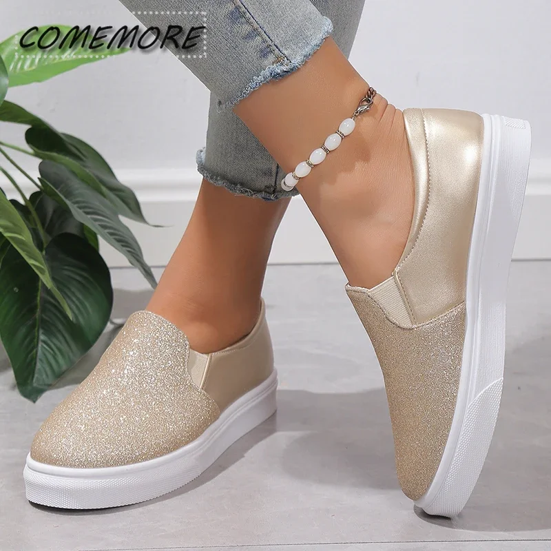 Shiny Gold Sequins Loafers for Women\'s Pu Leather Slip-On Platform Sneakers Woman 2024 Autumn Non-Slip Flats Casual Shoes Ladies