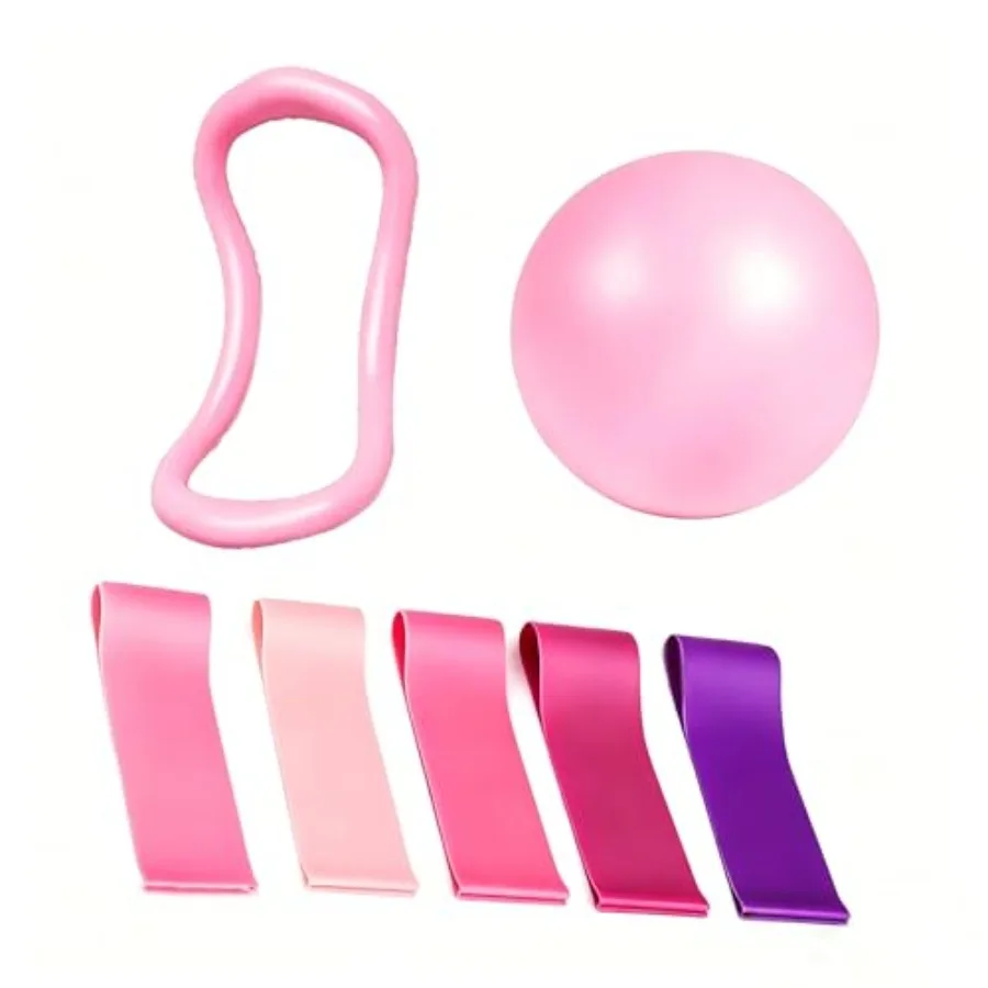 Pilates Kit 7-in-1 Set 9" Anti-Burst Mini Ball, Yoga Rings for Leg, 5 Resistance Bands Full Body Home Workout Set for Women Beg