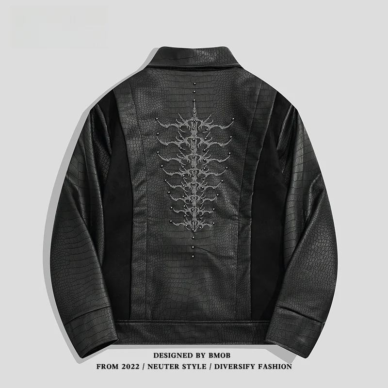 

BMOB American Snake Skin Pattern Jaet Motorcycle Design Embroidery Rivet Collar ex High Street Outerwear Autumn Long Sl...