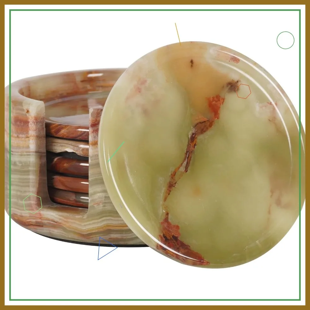 

Set of 6 Green Onyx Marble Coasters with Holder, 3.5 Inch Round Drink Protectors for Home Decor and Gifts