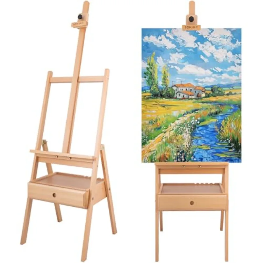 

Большой деревянный H-образный мольберт из массива бука с выдвижным ящиком для хранения, регулируемый по высоте до 35 дюймов