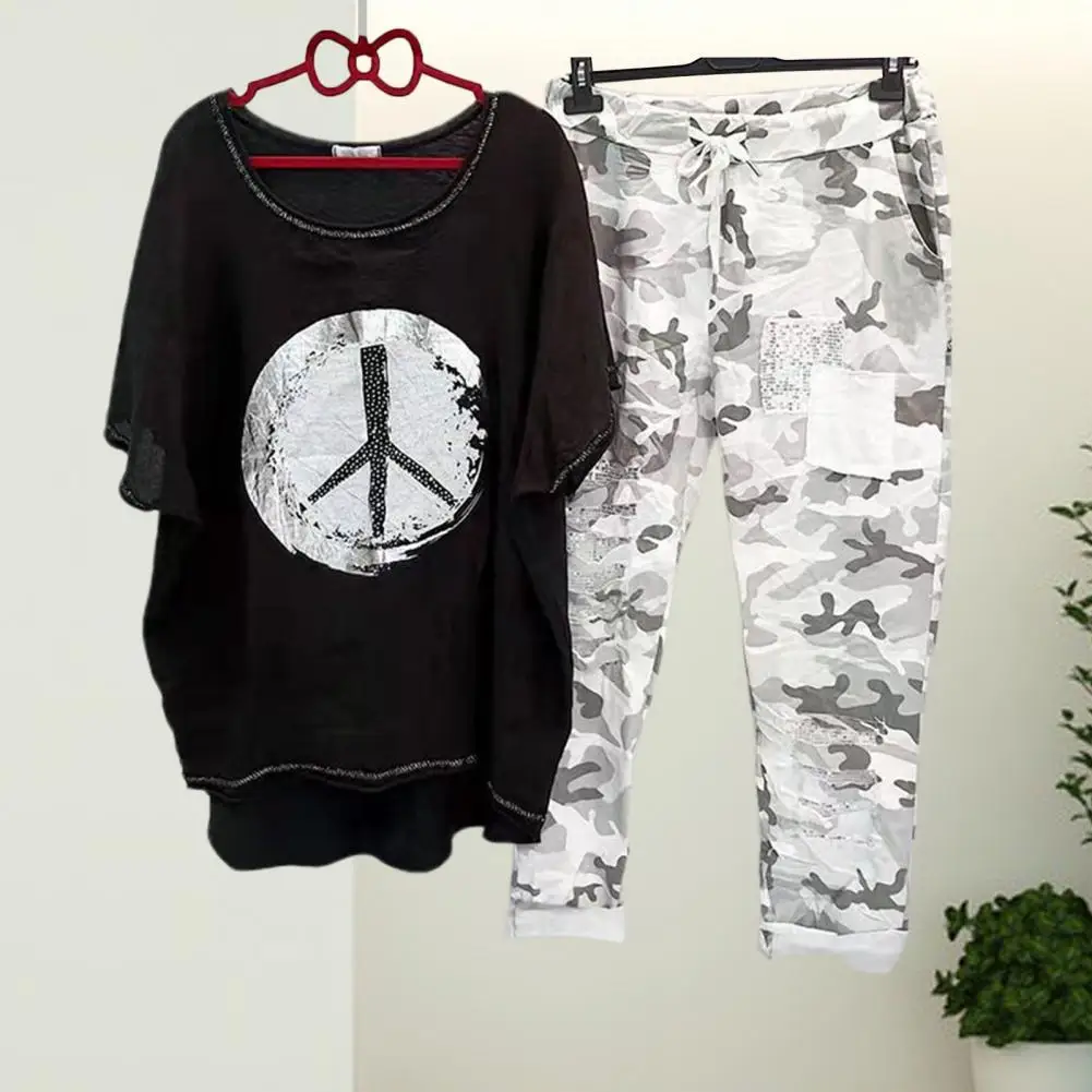 1 Set T-shirt Pants  Camouflage   T-shirt Trouser Set Relaxed Fit Lace-up Outfit