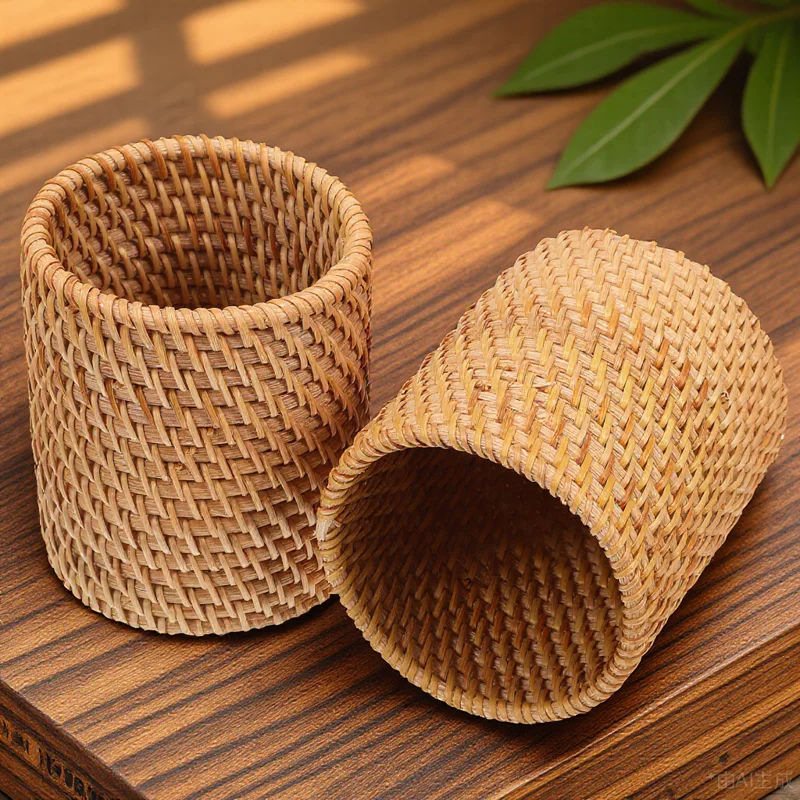 

2 Pcs Storage Rattan Pen Holder Office for Desk Wooden Woven Pencil Cup Desktop Organizer